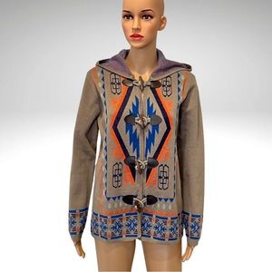 Womens Hooded Cardigan Southwestern Geometric Toggle Closure Small Flying Tomato